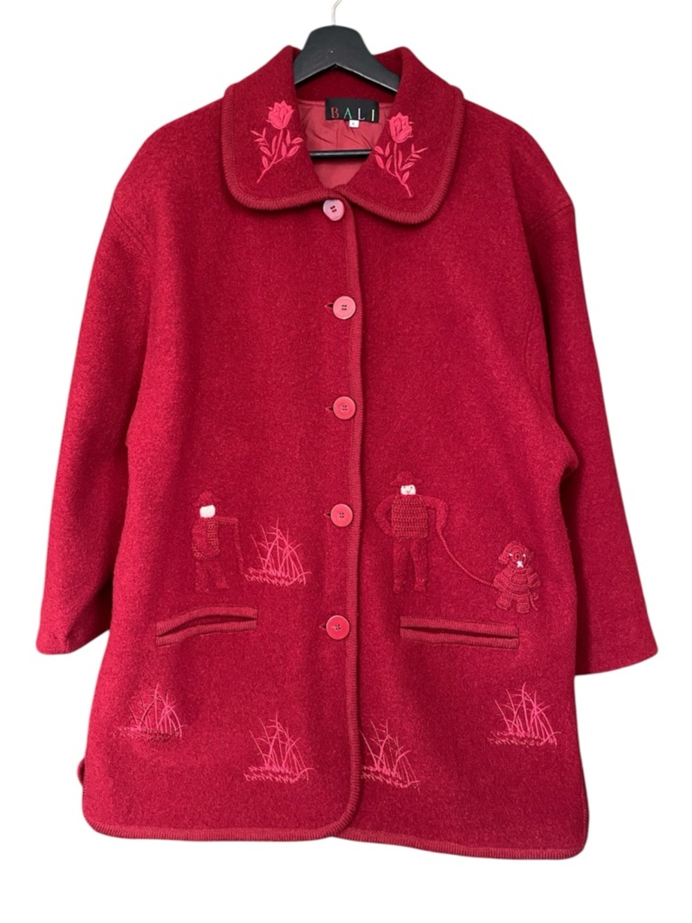 Bali Red Embroidered Cottagecore Spring Wool Pea Coat